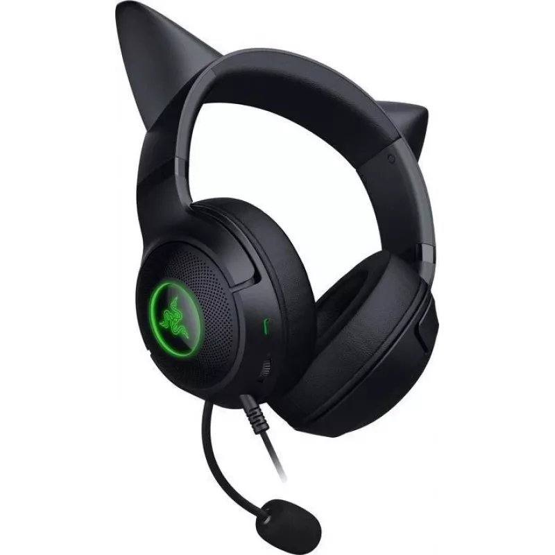 Kraken Kitty V2 - Melns, Spēļu austiņas, Kaķa ausis, Straumēšanas reaktīvais apgaismojums, HyperClear kardioīda mikrofons, 40 mm TriForce draiveri, Iebūvēts austiņu mikrofonā, Razer Chroma RGB (auss un austiņu kauss), Skaņas apkārtne: Tikai pieejama operē