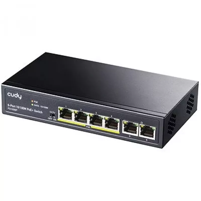 Tīkla slēdzis Cudy FS1006P Fast Ethernet 6 portu (4 PoE, 1 PoE+) 10/100 Mb/s, 1,2 Gbit/s joslas platums, metāla korpuss, statīva/sienas stiprinājums