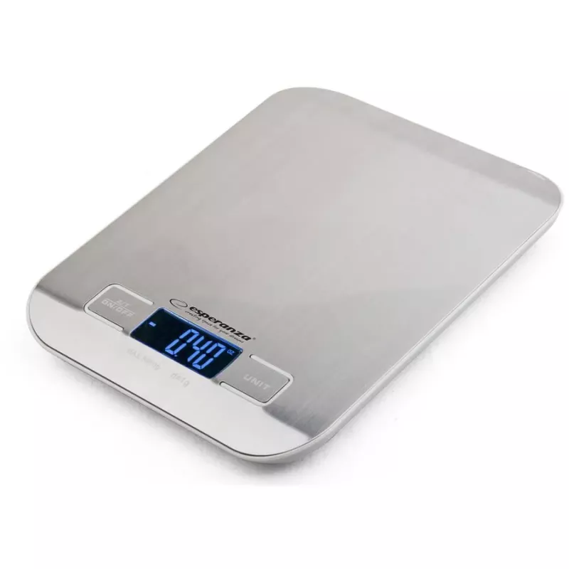 Virtuves digitālie svari ESPERANZA EKS001 Bamboo — precīzi 4 mērvienības (g/lb/oz/kg), nerūsējošā tērauda platforma, zils fona apgaismojums