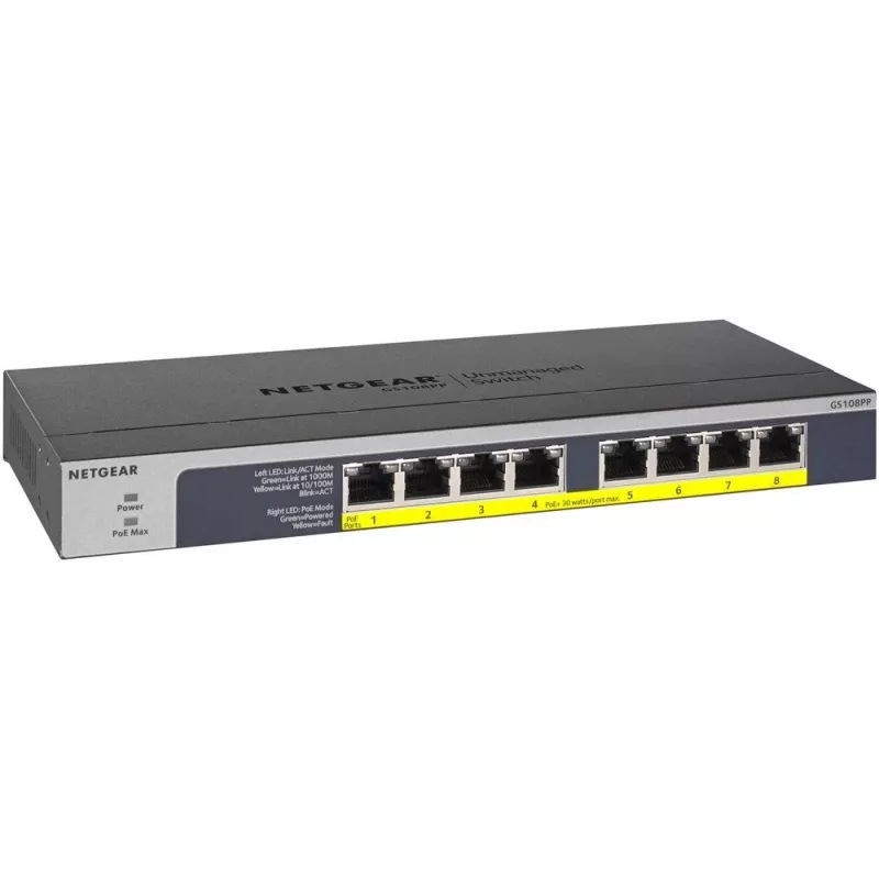 NETGEAR GS108PP Nepārvaldāms Gigabitu Ethernet (10/100/1000) Power over Ethernet (PoE) Melns