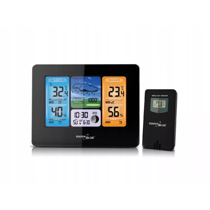 Digitālā meteoroloģiskā stacija GreenBlue GB526 melna — iekštelpu -20…60 °C, āra -40…70 °C, mitrums -20…95%, pulkstenis, mēness fāze