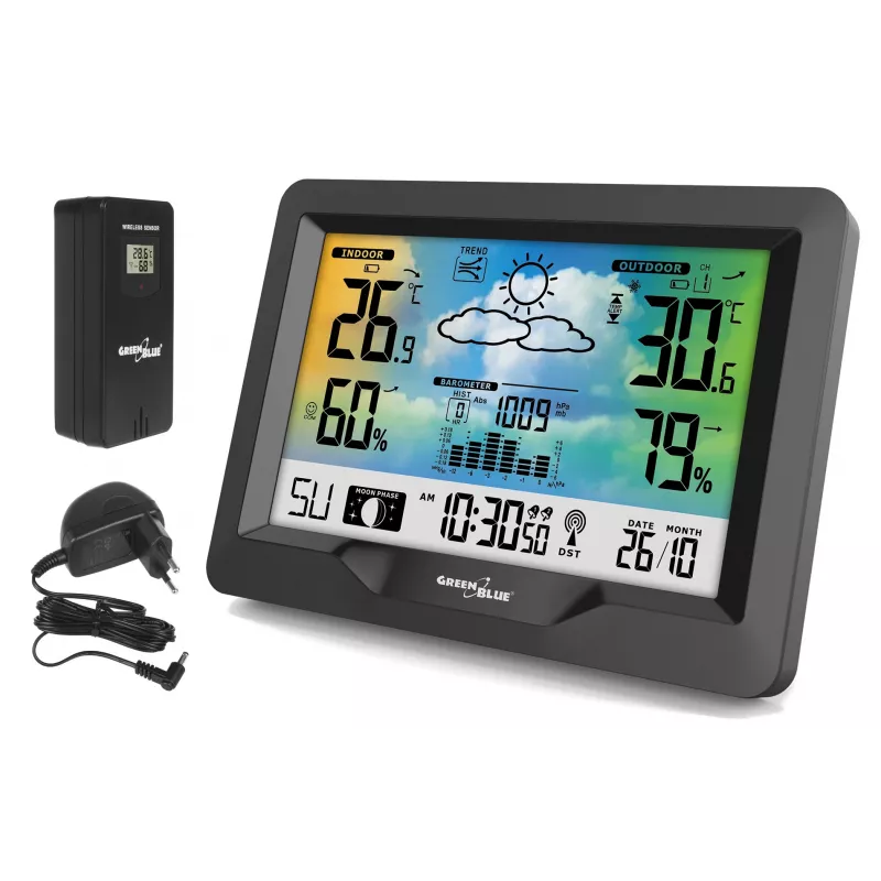 Hygrometer Thermometer GreenBlue GB540 — indoor 0–50°C / outdoor -20–65°C, DCF pulkstenis, āra sensors 60 m, melns