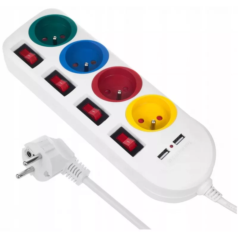 Strāvas sadalītājs MACLEAN MCE229W — 4 rozetes, 2× USB, 1,5 m kabelis, F tips, 10 A, balts