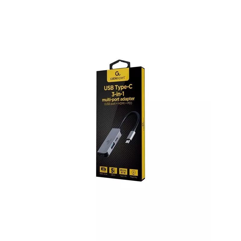 Vadu klēpjdatora dokstacija Gembird A-CM-COMBO3-02 — USB 3.2 Gen 1 Type-C, HDMI, USB-A, PD līdz 87W, 3840×2160
