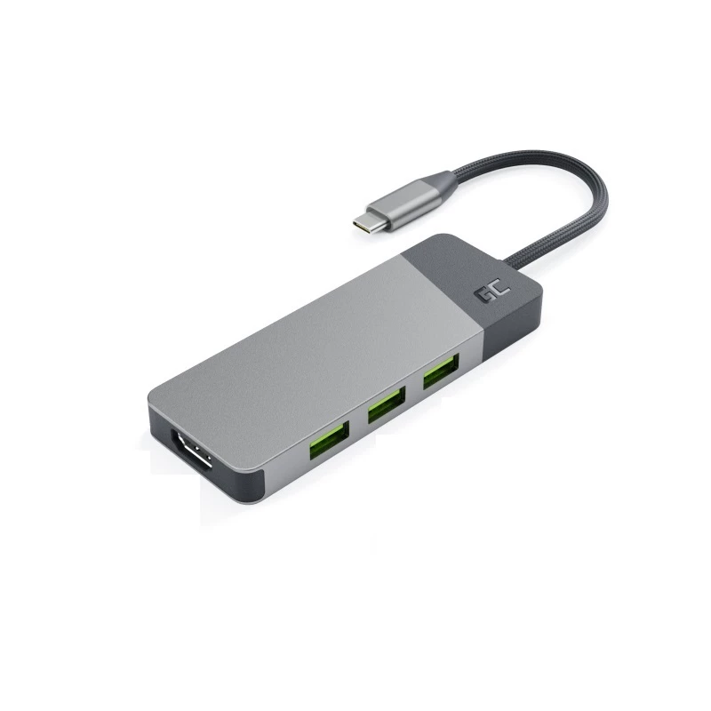 USB Type‑C centrmezgls zaļa Cell HUBGC01 — 7 pieslēgvietas: 3×USB‑A 3.2 Gen 1, 1×USB‑C 3.2 Gen 1, HDMI, microSD+SD karšu lasītājs — sudrabains