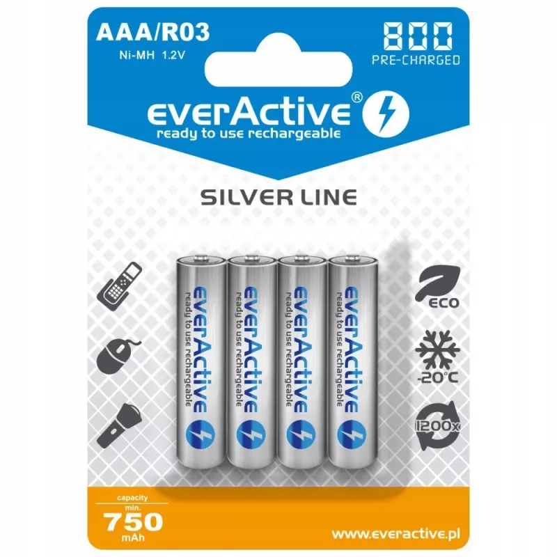 Uzlādējamās AAA NiMH baterijas everActive EVHRL03-800 – 1,2 V, 4 gab., cilindriskas 44,5×10,5 mm
