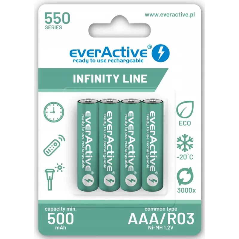 Uzlādējamās AAA NiMH baterijas everActive EVHRL03-550 1.2V 550mAh iepakojumā pa 4, cilindriskas R03
