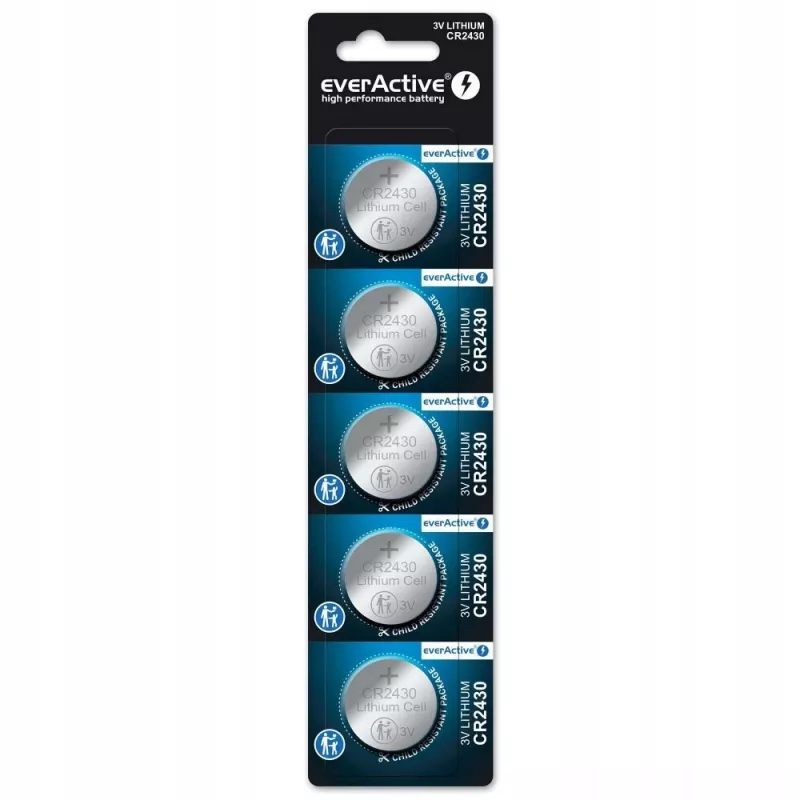 Pogveida baterija everActive CR2430 litija 3 V, 24,5 mm × 3 mm, iepakojumā 5