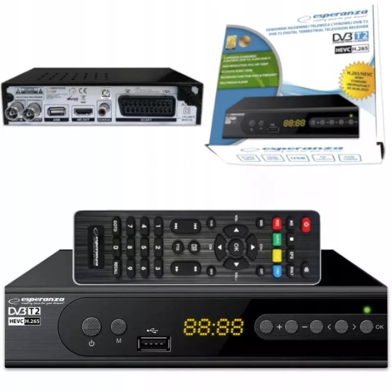 TV uztvērēja pierīce ESPERANZA EV106R kabeļu uztvērējs DVB-T2 / DVB-C HEVC H.265, HDMI, USB, PVR, Dolby Digital, 174–790 MHz, melna