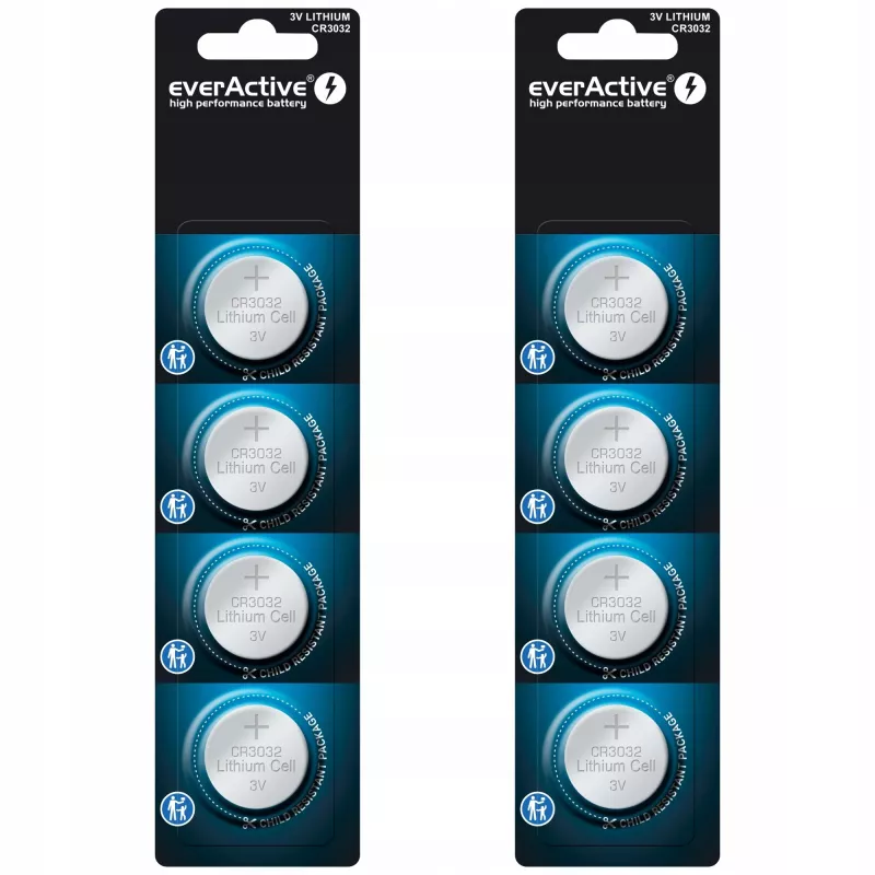 Pogas litija baterija everActive CR3032, 3V, 580 mAh, poga/monēta, 4 gab. iepakojumā