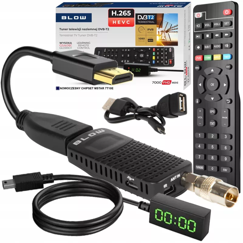 DVB-T2 uztvērējs BLOW 7000FHD MINI H.265 — kompakts virszemes TV uztvērējs, HDMI, USB, S/PDIF, audio L/R, teleteksts