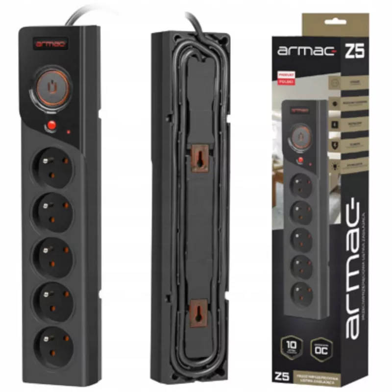 POWER STRIP ARMAC Z5 3M 5X 230V PL 10A kabelis ORGANIZER Melns