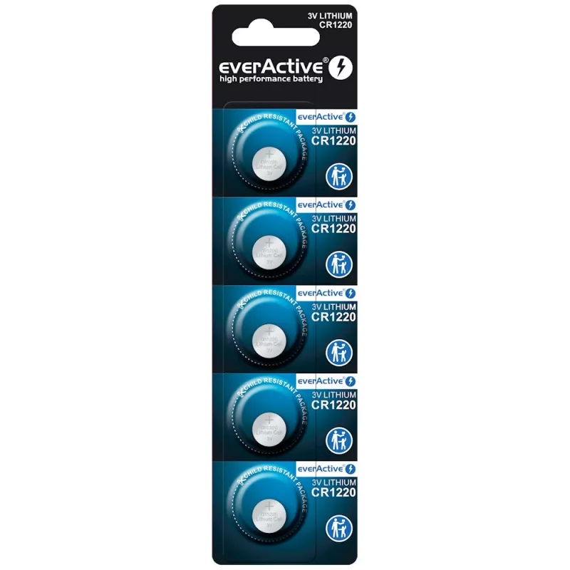 Litija pogelementa baterija everActive CR1220 — 3V, 40 mAh, 12.5×2 mm, vienreizēja lietošana, 5 gab.