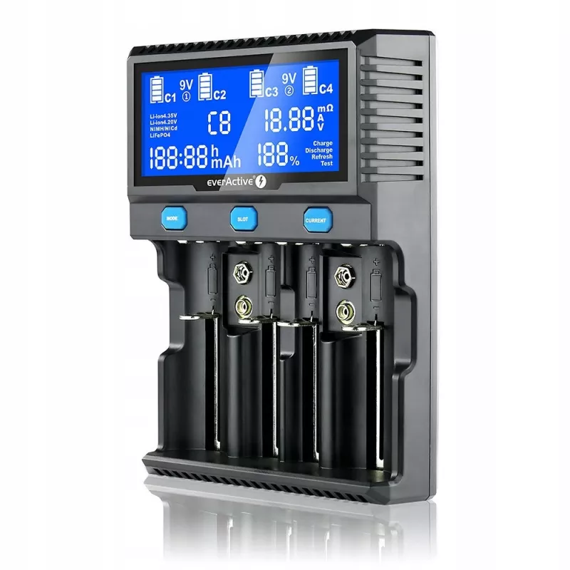 everActive UC-4200 universālais maiņstrāvas bateriju lādētājs 12V 3A, atbalsta AA/AAA/C/9V, 4 elementi, melns, iebūvēts displejs