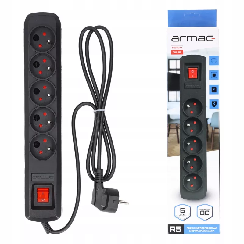 Elektrības sadalītājs ARMAC R5 — 5 kontaktligzdas, 5 m kabelis, melns