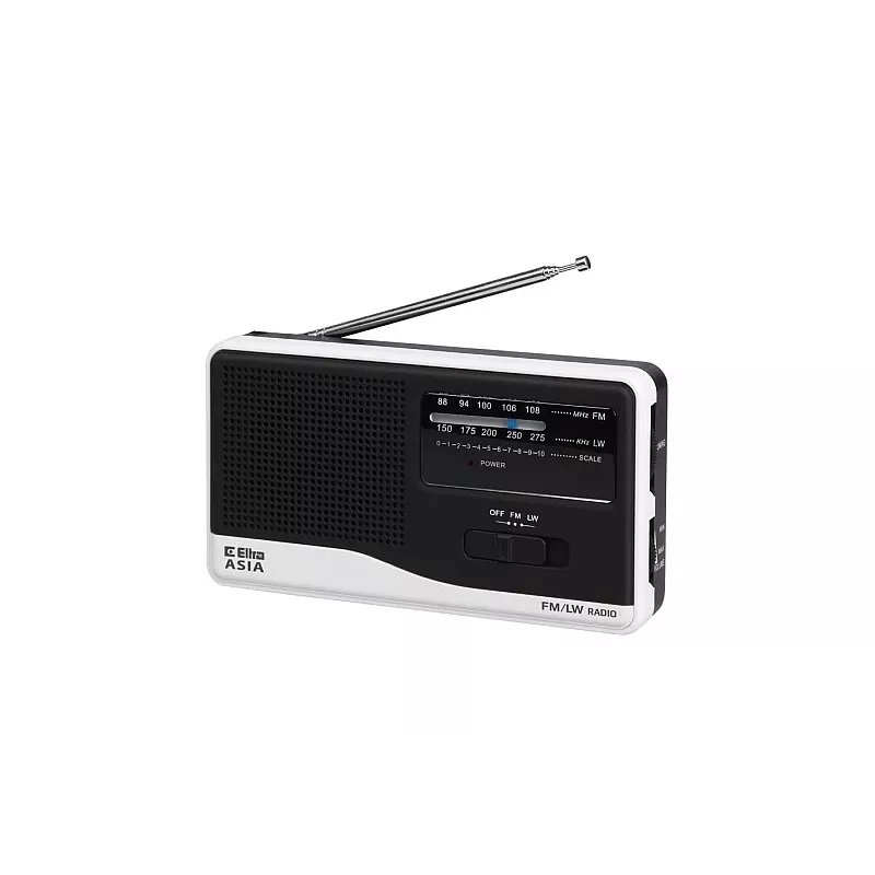 Radio Eltra modelis Asia balta — pārnēsājams FM/AM radio, barošana no tīkla un baterijām