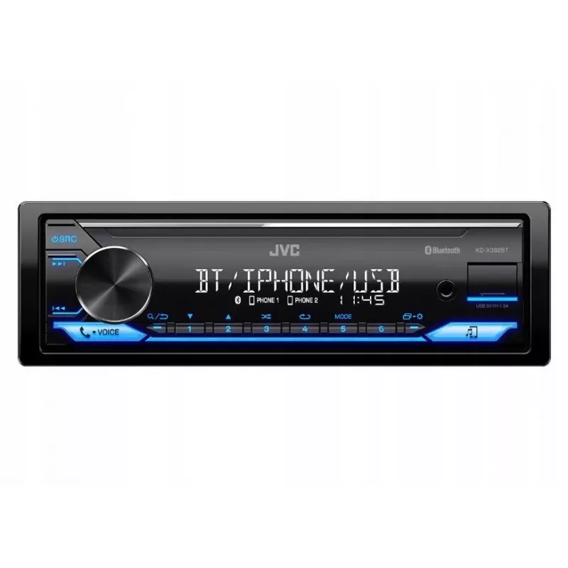 Auto radio JVC KDX-382BT ar Bluetooth un USB — single DIN, AUX ieeja, FM uztvērējs