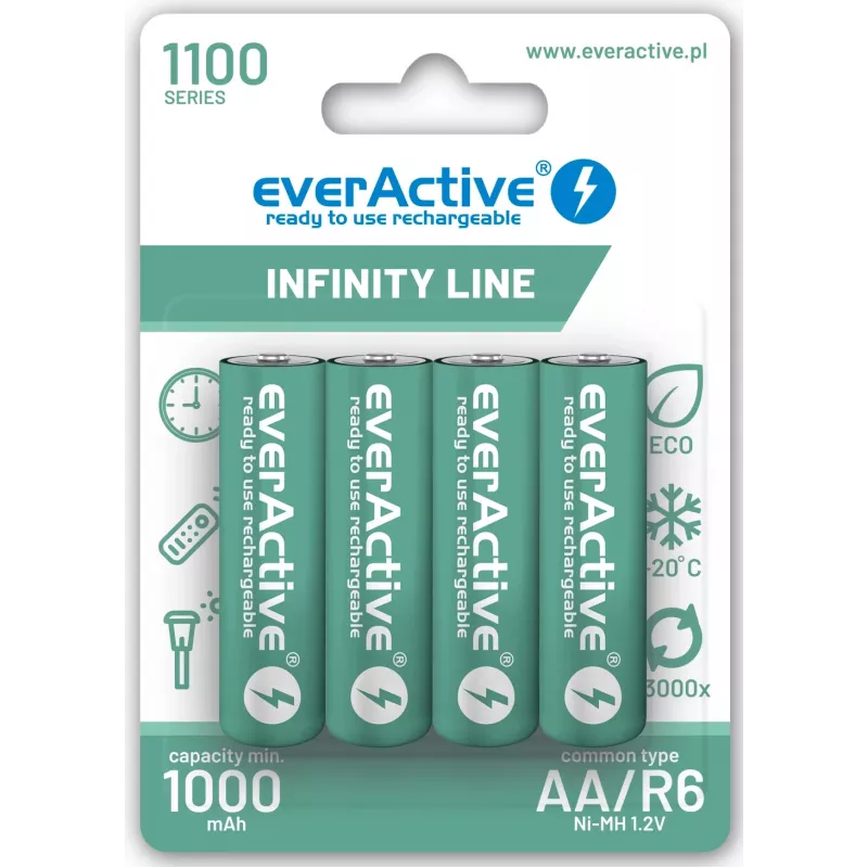 Uzlādējamas NiMH baterijas everActive EVHRL6-1100 1.2V 1100 mAh — 4 gab., cilindriskas
