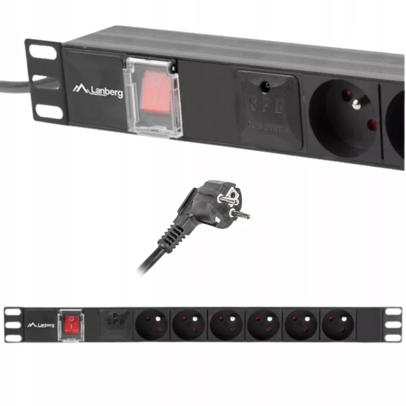 Strāvas sadales bloks LANBERG PDU-06E-0200-BK — 6 x E tipa rozetes, 16 A, 2 m kabelis, 1U statne, 220–250 V
