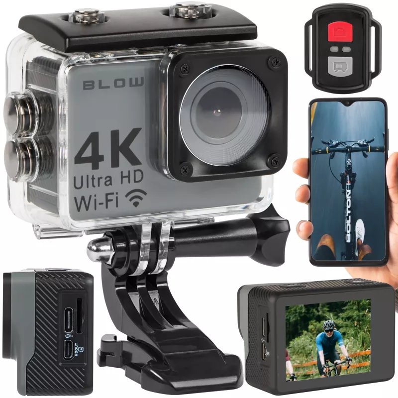 Akcijas kamera BLOW 78-538 — 4K Ultra HD, 2 collu displejs, 170° redzeslauks, Wi‑Fi, attēla stabilizators, microSD līdz 64 GB