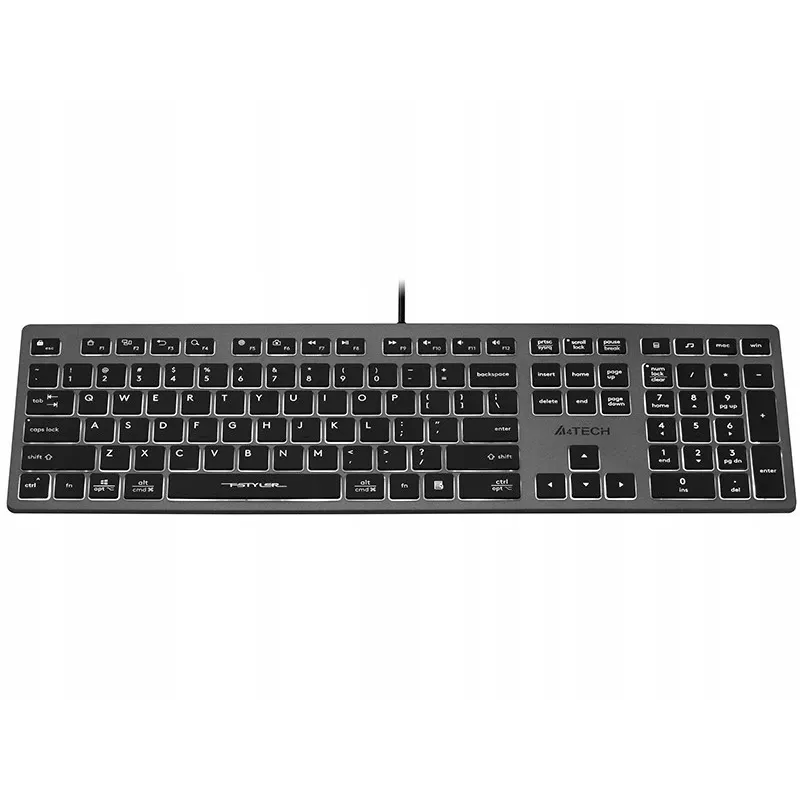 Vadu A4Tech tastatūra FX60H USB QWERTY — pilna izmēra 100%, apgaismota, pelēka, USB centrmezgls