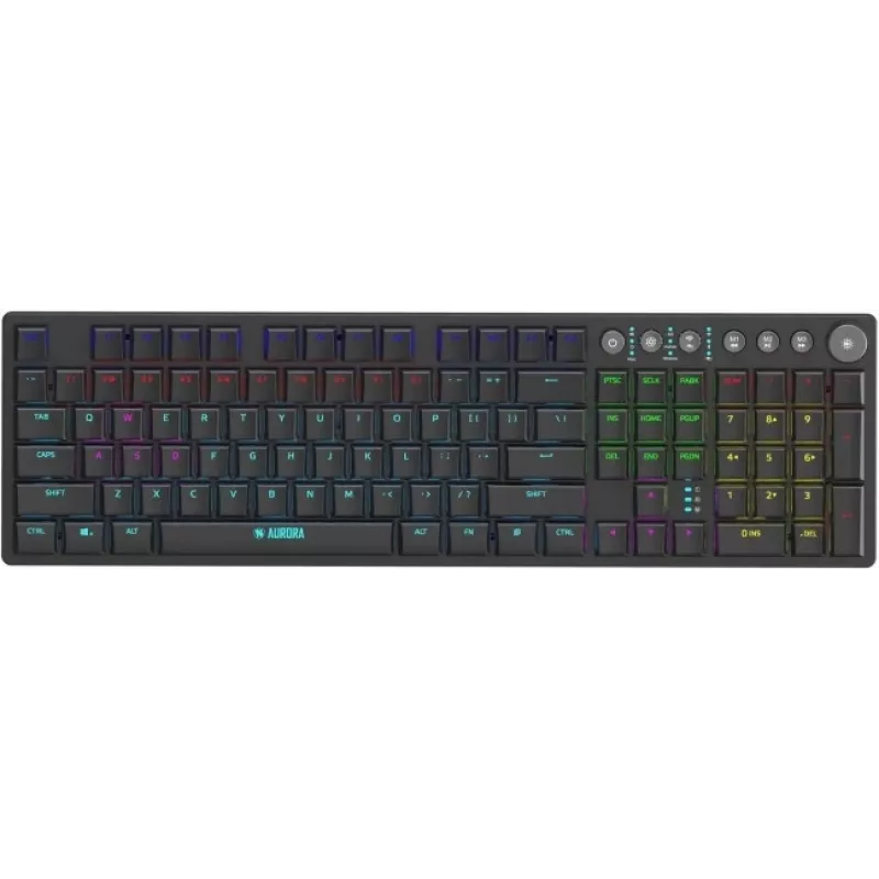 Klaviatūra IBOX AURORA K-6 — pilna izmēra QWERTY, RF bezvadu + Bluetooth, RGB apgaismojums, mehāniski zema profila taustiņi, melna