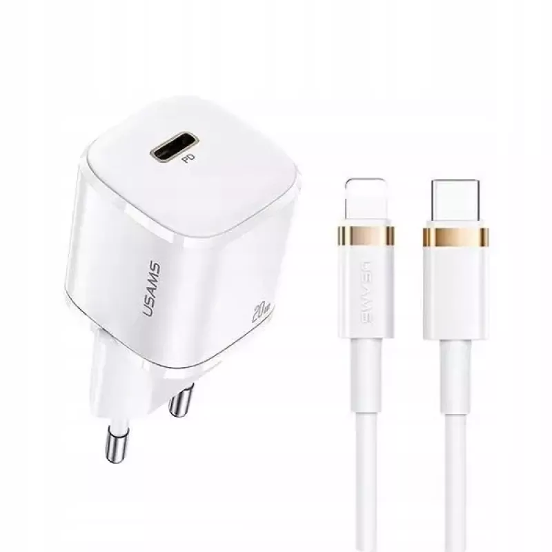 Pārnēsājams tālruņa lādētājs usams T36 ar 1x USB-C PD3.0 un iebūvētu Lightning kabeli