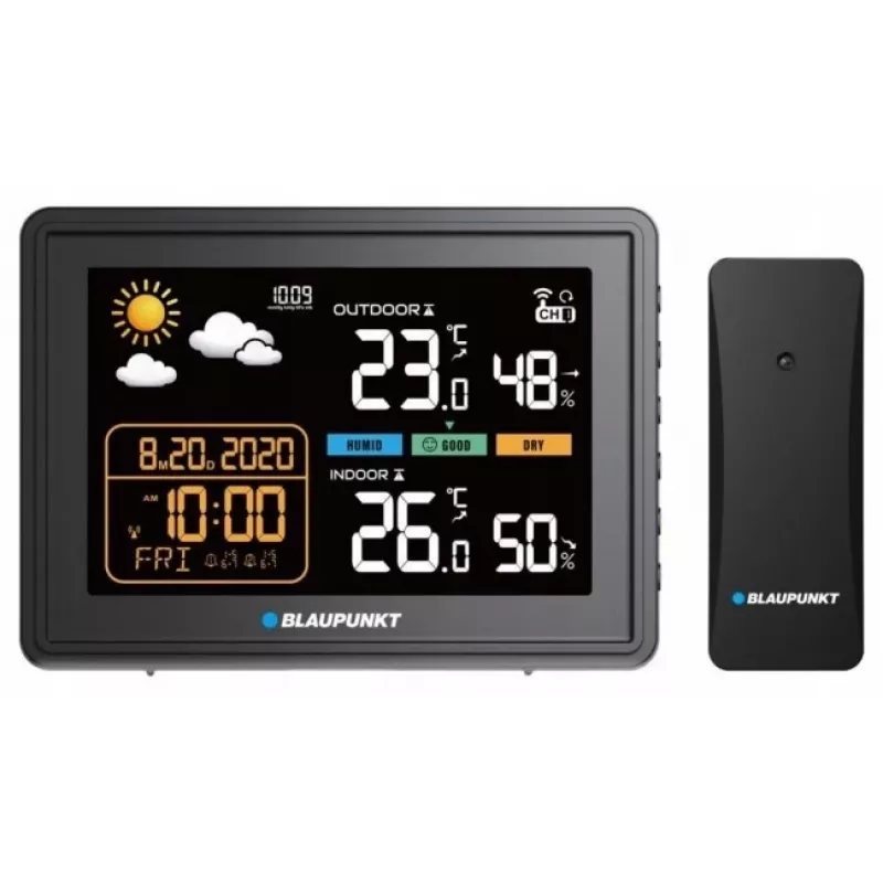 Laika stacija BLAUPUNKT WS30BK ar bezvadu āra sensoru, krāsu LCD, pulksteni, modinātāju, barometru, °C, 1 sensors