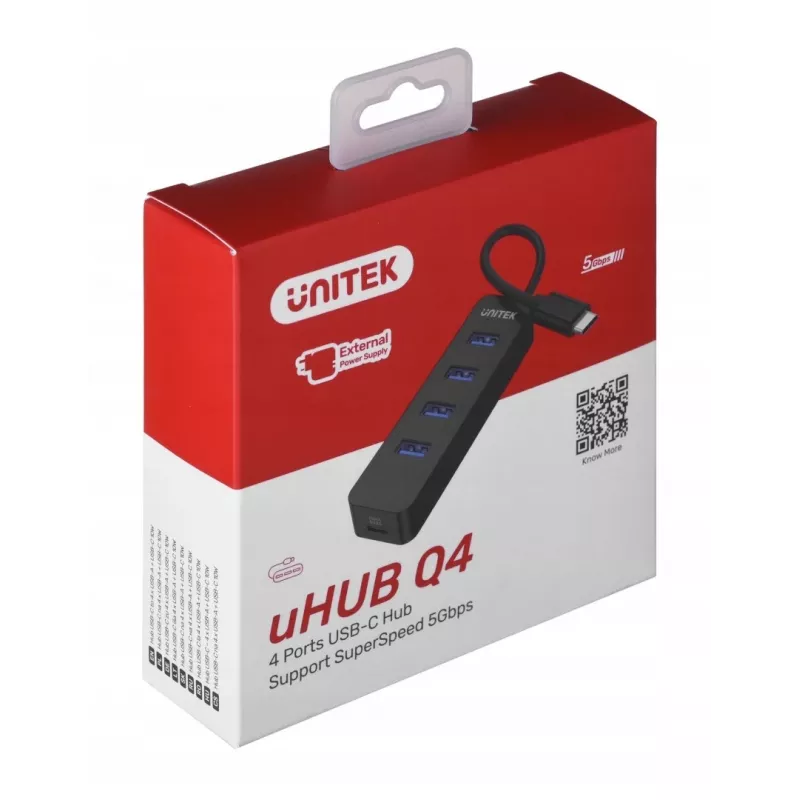 USB centrmezgls Unitek uHUB Q4 — 4 portu USB 3.2 Gen 1 (Type-A) centrmezgls, USB-C resursdators, 5 Gbit/s, 10 W, melns