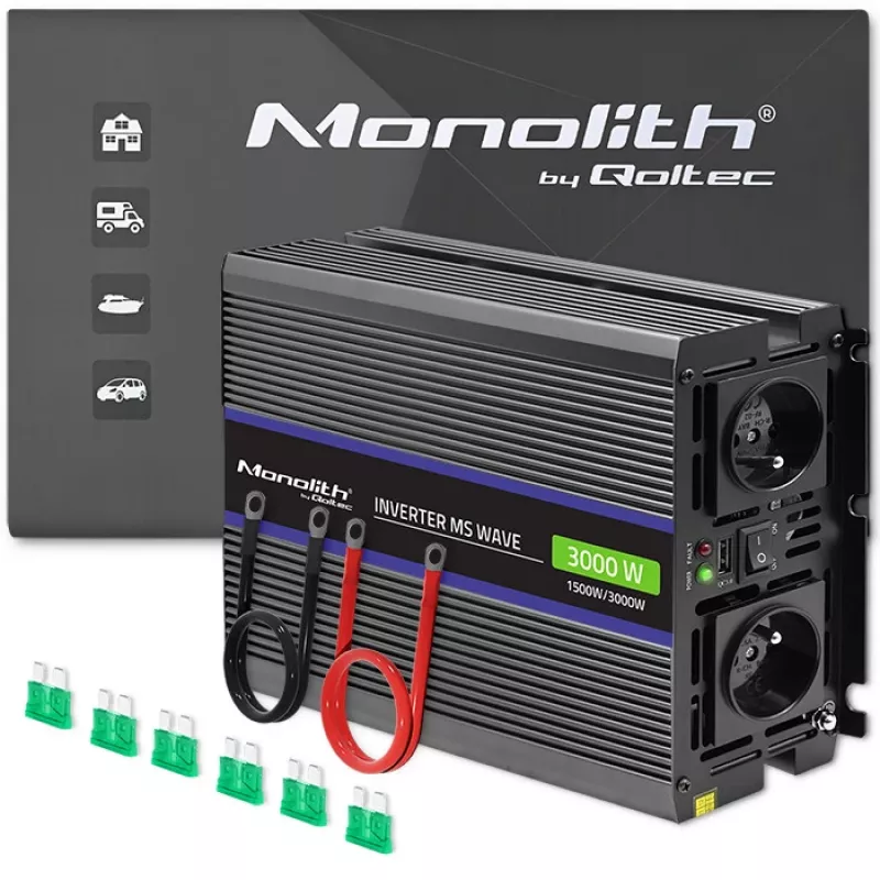 Jaudas pārveidotājs QOLTEC Monolith 3000 MS Wave, 12V→230V, 1500/3000W, ar USB