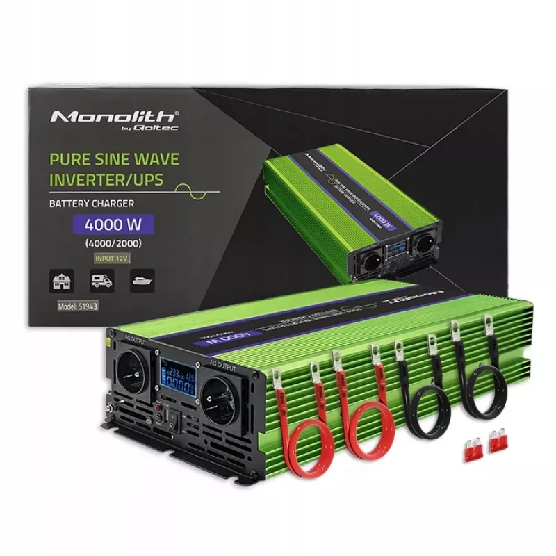 Qoltec Monolith sprieguma pārveidotājs | Akumulatora uzlāde | UPS | 2000W | 4000W | 12V uz 230V | Tīrs sinusoidāls | LCD melns-zaļš