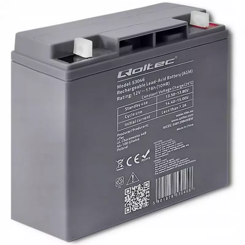 Qoltec 53046 AGM akumulators 12 V 17 Ah, maks. 255 A