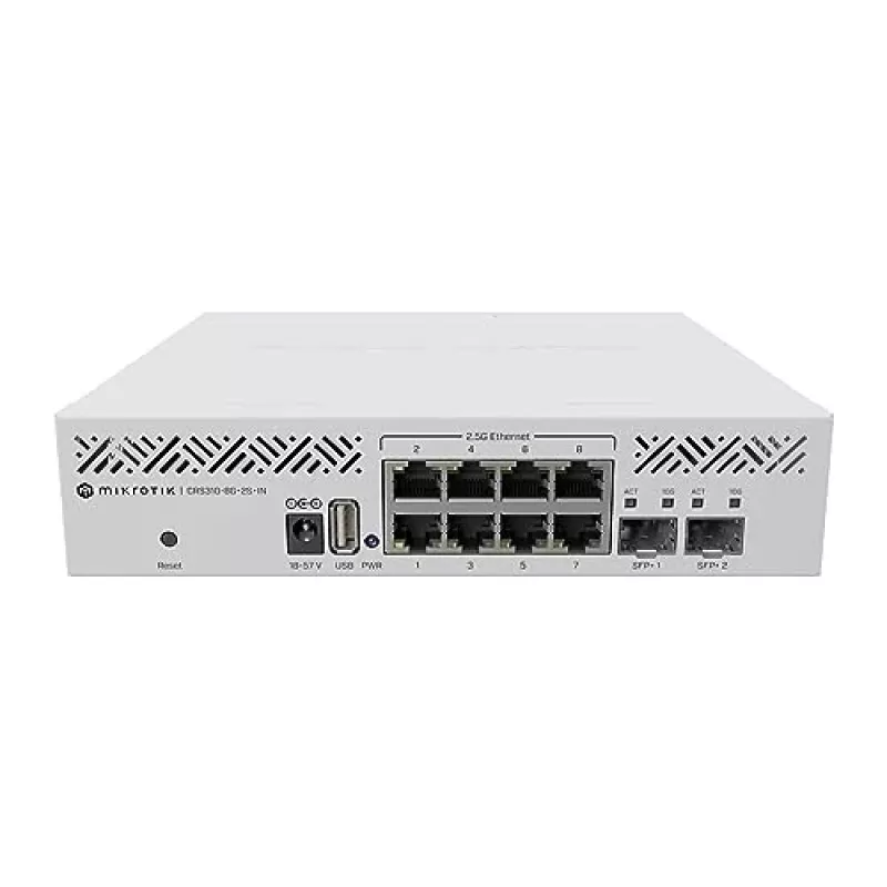 Pārvaldāms L3 slēdzis MikroTik CRS310-8G+2S+IN — 8× 2.5G RJ-45, 2× SFP+, PoE, 1U rack montāža, Balts