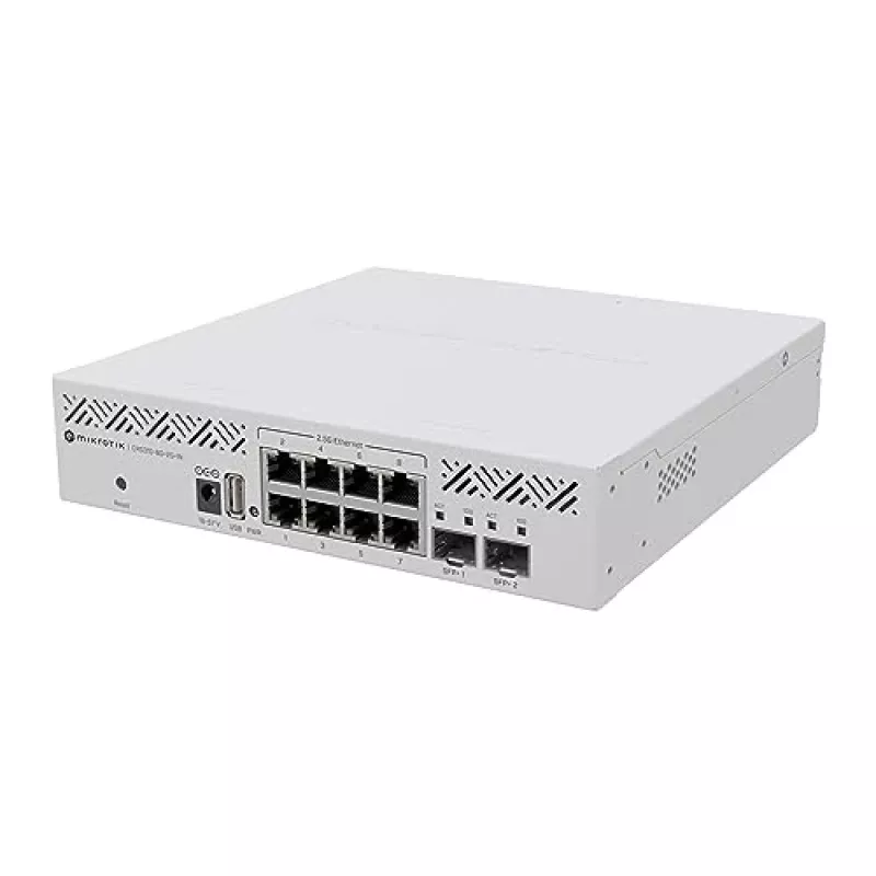 Pārvaldāms L3 slēdzis MikroTik CRS310-8G+2S+IN — 8× 2.5G RJ-45, 2× SFP+, PoE, 1U rack montāža, Balts