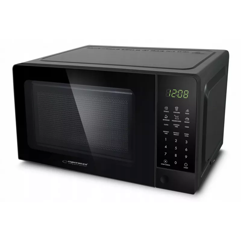 Solo mikroviļņu krāsns ESPERANZA EKO009 — 700 W, 20 L, LED displejs, skārienvadība, 24,5 cm stikla grozāmais šķīvis, melna
