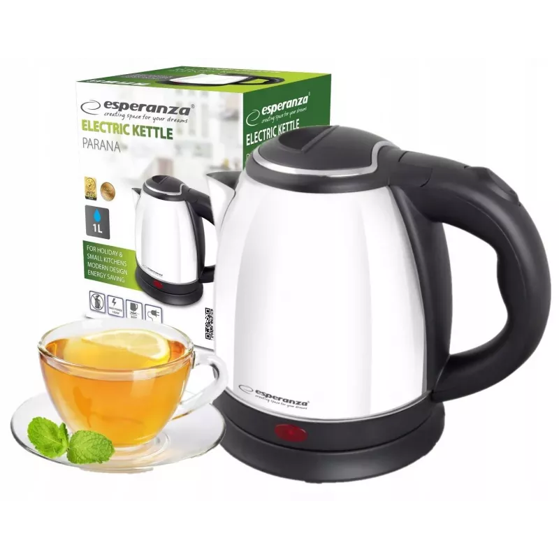 Esperanza EKK128W Parana elektriskā tējkanna, 1,0 l, 1350 W, bezvadu, nerūsējošais tērauds, balta
