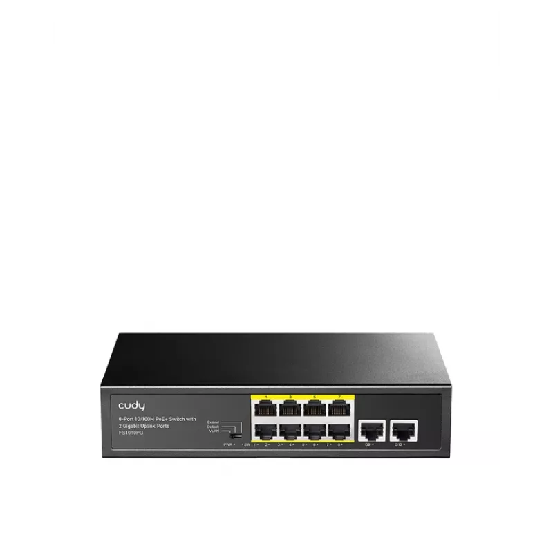 Tīkla slēdzis Cudy FS1010PG — 10/100 Mbps, 8 PoE porti, 2 augšupielādes porti, 120 W PoE budžets, metāla korpuss