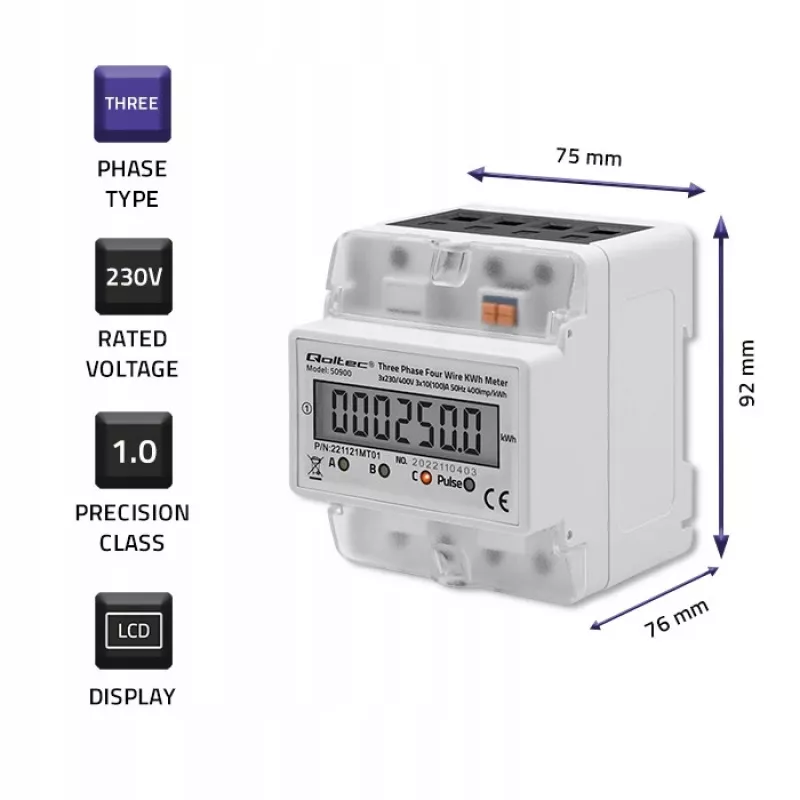 Trīsfāžu elektroniskais enerģijas skaitītājs QOLTEC 50900 400V LCD 4P