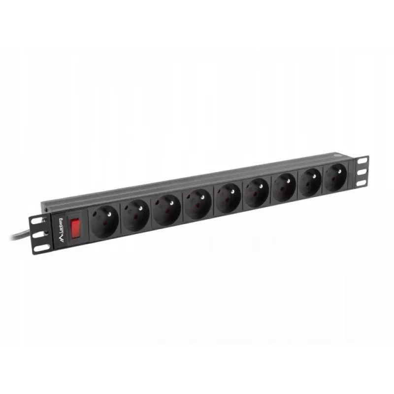 Strāvas sadales iekārta LANBERG PDU-09E-0300-BK — 9x E tipa rozetes, 16 A, 220–250 V, 3 m kabelis, 1U statīvs, 19 collas