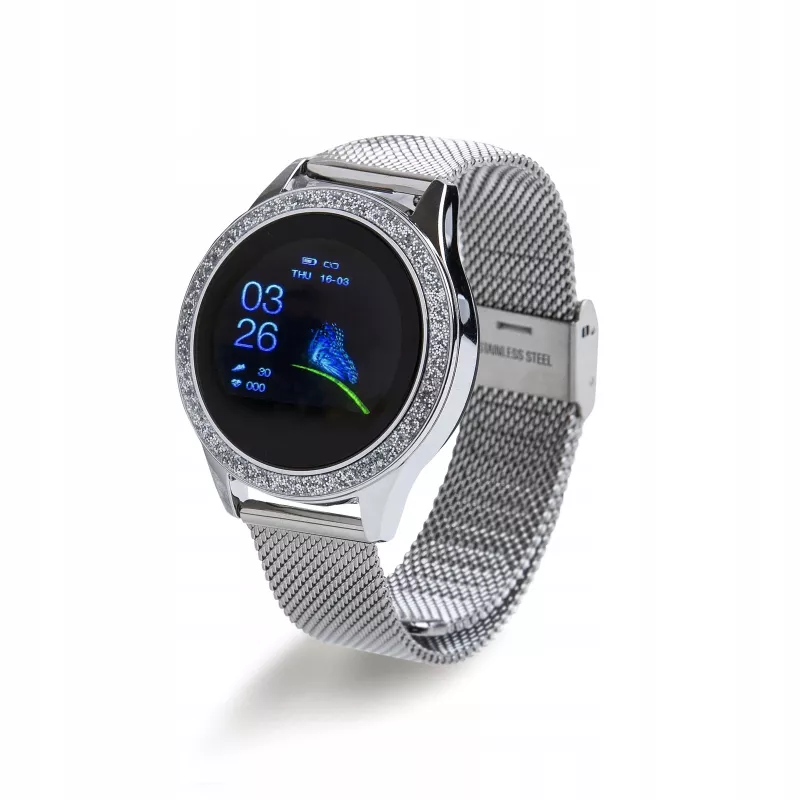 Smartwatch ORO-MED ORO-SMART CRYSTAL SILVER — apaļš metāla korpuss, LCD 240×198, 1,04 collu displejs, Bluetooth 4.0, ūdensizturīgs, 120 mAh baterija