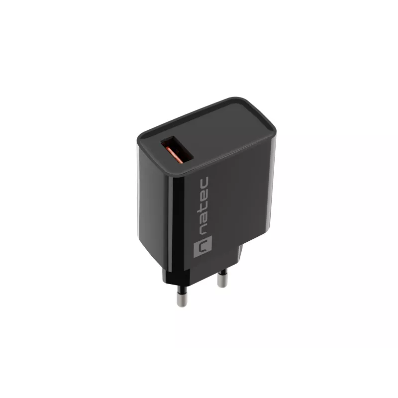 NATEC maiņstrāvas ātrās uzlādes iekštelpu vadu lādētājs Ribera — 18W (5–15V, līdz 3A), 1× USB-A, Huawei FCP/SCP, melns