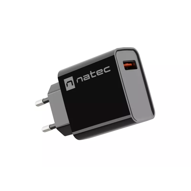 NATEC maiņstrāvas ātrās uzlādes iekštelpu vadu lādētājs Ribera — 18W (5–15V, līdz 3A), 1× USB-A, Huawei FCP/SCP, melns