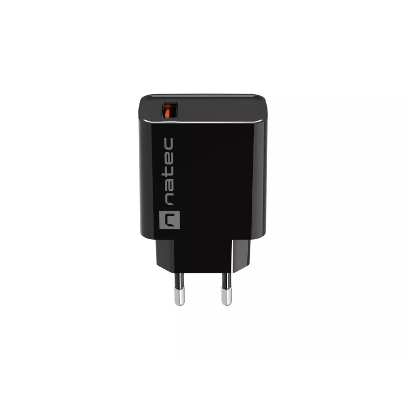 NATEC maiņstrāvas ātrās uzlādes iekštelpu vadu lādētājs Ribera — 18W (5–15V, līdz 3A), 1× USB-A, Huawei FCP/SCP, melns