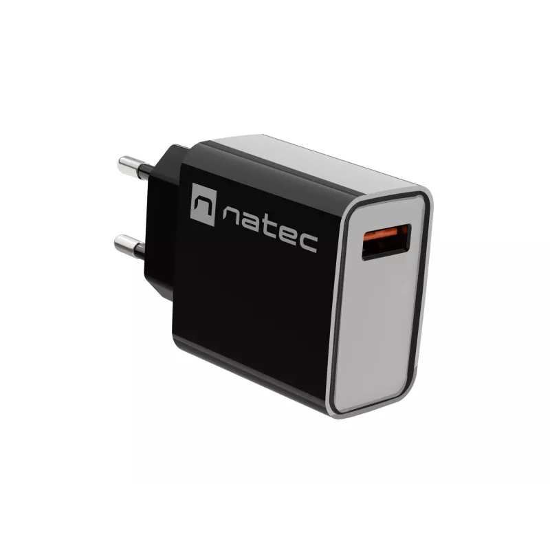 NATEC maiņstrāvas ātrās uzlādes iekštelpu vadu lādētājs Ribera — 18W (5–15V, līdz 3A), 1× USB-A, Huawei FCP/SCP, melns