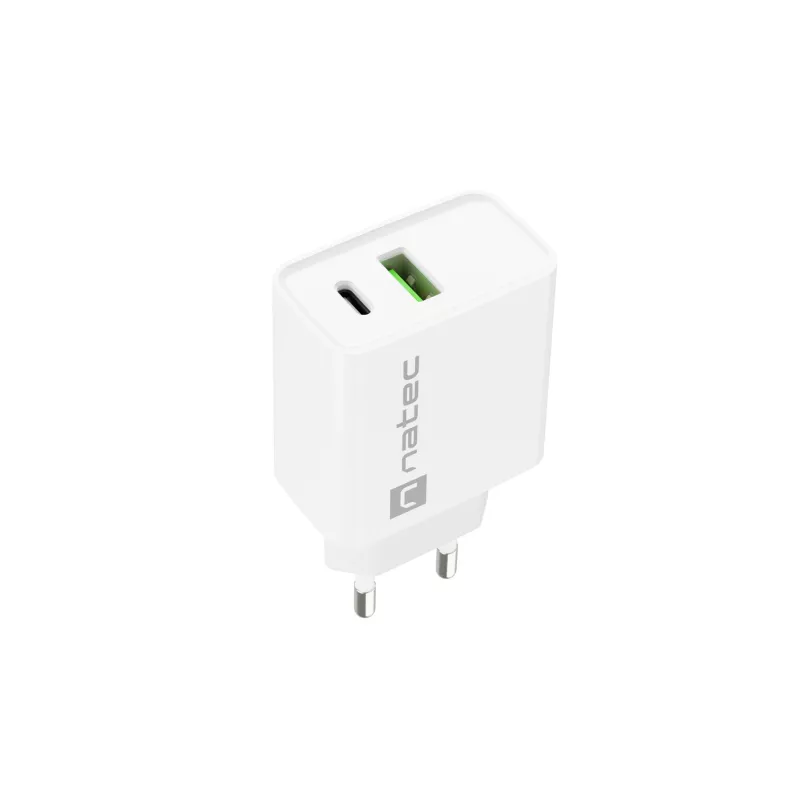 Iekštelpu maiņstrāvas ātrās uzlādes lādētājs NATEC RIBERA 12V 20W USB-C PD 3.0 + USB-A Samsung AFC balts
