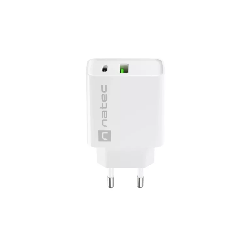 Iekštelpu maiņstrāvas ātrās uzlādes lādētājs NATEC RIBERA 12V 20W USB-C PD 3.0 + USB-A Samsung AFC balts