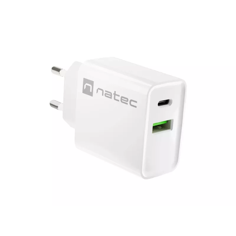 Iekštelpu maiņstrāvas ātrās uzlādes lādētājs NATEC RIBERA 12V 20W USB-C PD 3.0 + USB-A Samsung AFC balts