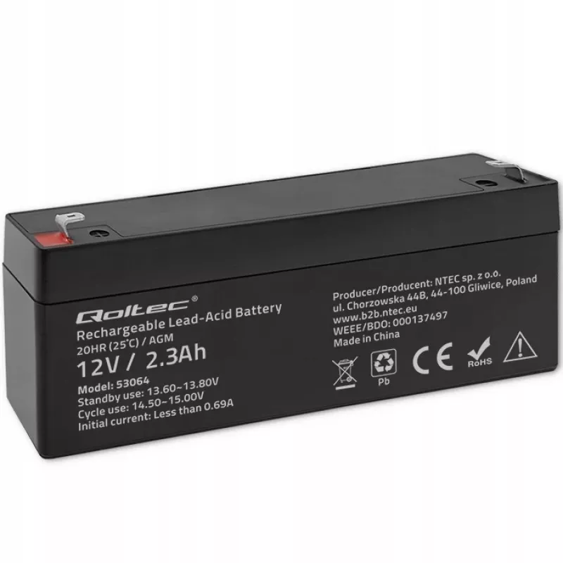 Hermētiska AGM baterija QOLTEC 12V 2.3Ah UPS un rezerves sistēmām, maksimālā izlāde 34.5A