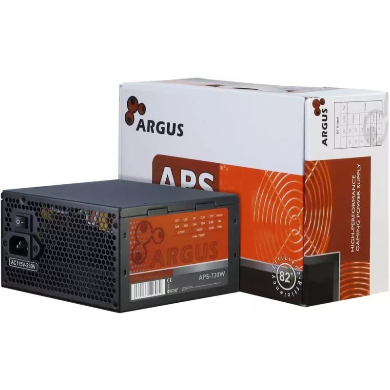 INTER TECH Argus APS-720W - Barošanas bloki (115-230 V, 20+4 kontaktu ATX, 47-63 Hz, 12V1,+12V2,+3.3V,+5V,+5Vsb,12V, aktīvs, ATX, melns)