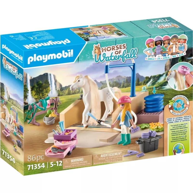 Playmobil Horses of Waterfall - Mazgāšanas stacija ar Isabellu un lauvenīti - Iztēles rotaļas bērniem vecumā no 5 līdz 10 gadiem - Fat Brain Toys
